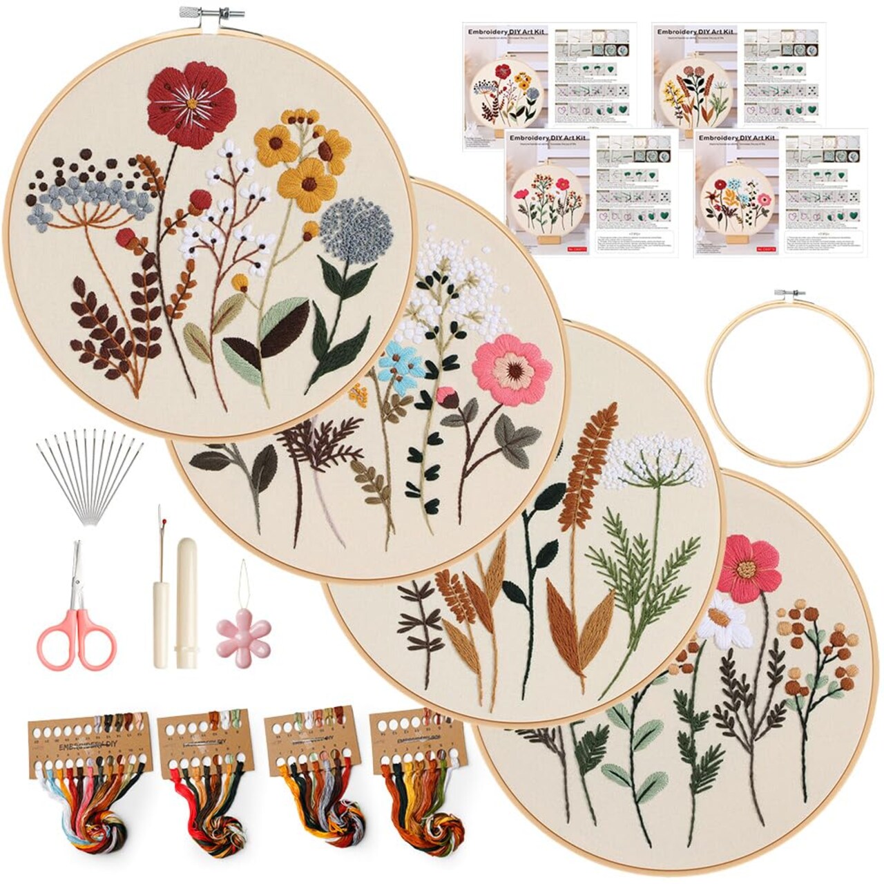 Embroidery Kit, 4 Sets Embroidery Kit for Beginners with Stamped Flower Pattern, Cross Stitch Starter Kits for Adults Hand Craft Lover with Embroidery Hoop, Instructions and Threads